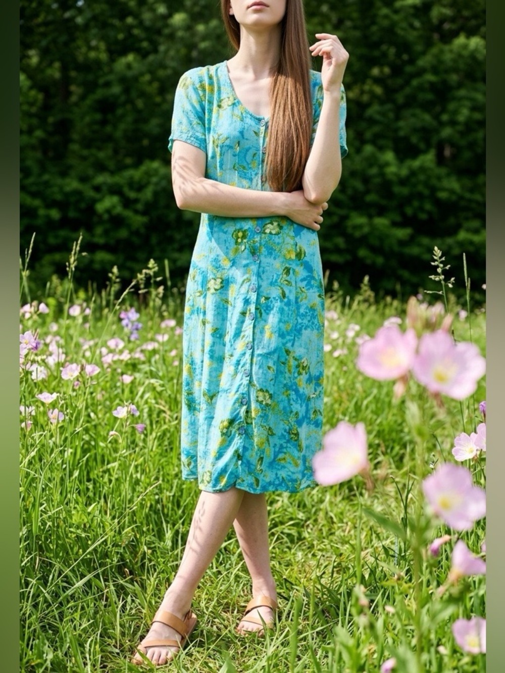 Julia Womens Vintage Floral Blue Gauzy Dress Size Small Short Sleeve Midi Length